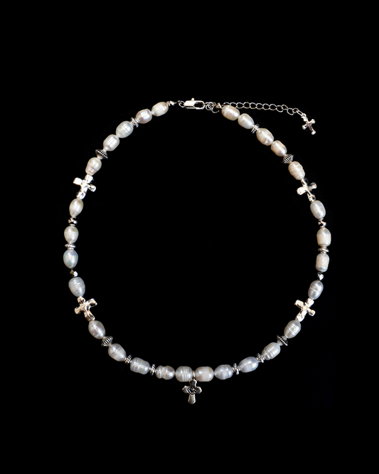 Cross karen silver pearl necklace